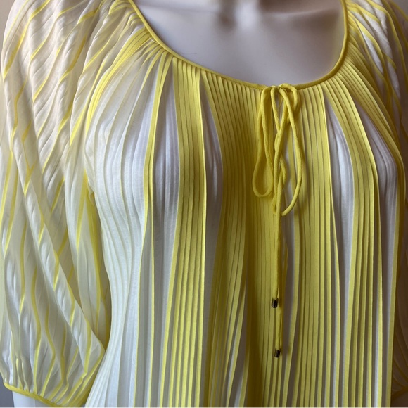 Diane Von Furstenberg Yellow and White “New Keoni” Pleated Peasant Top - Picture 4 of 7